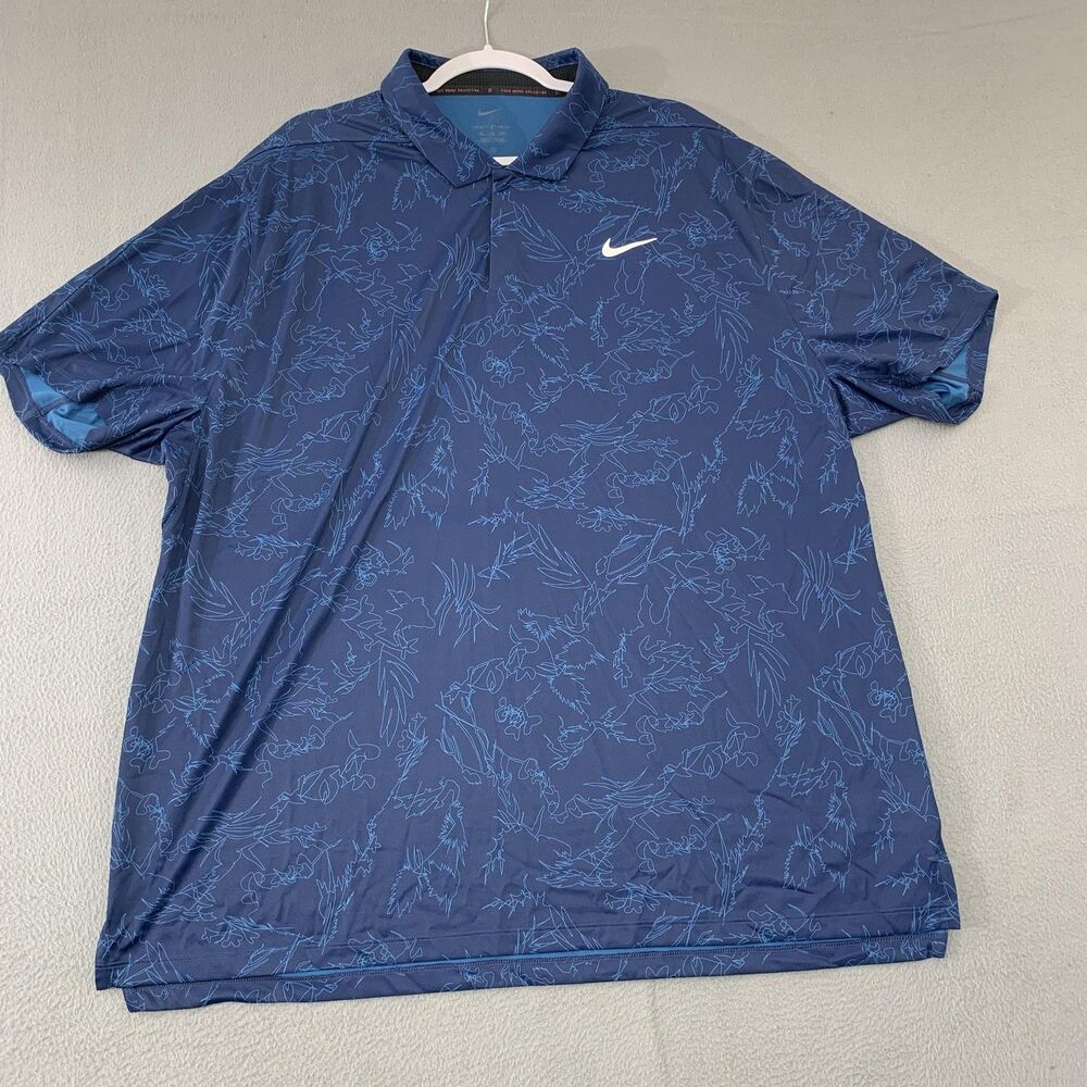 Nike Polo Shirt Mens 2XL Blue Dri-Fit ADV Tiger Woods Collection Golf Print